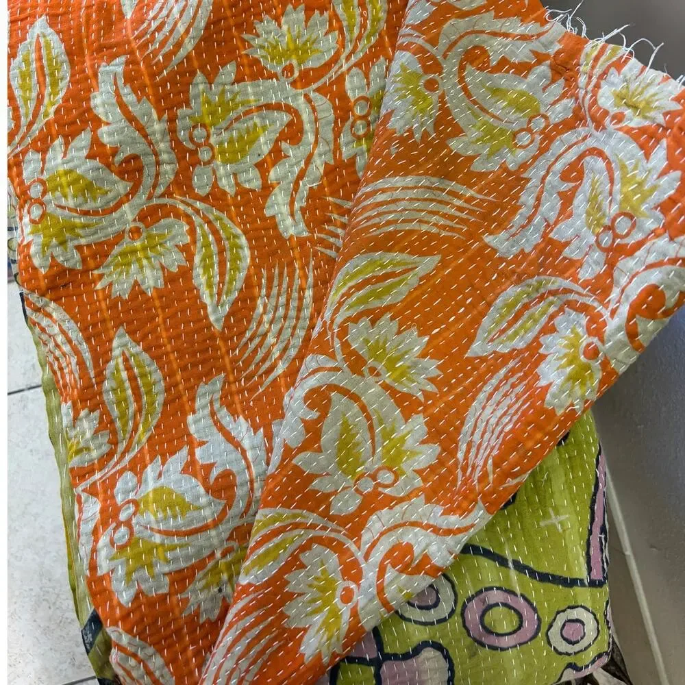 Handmade Kantha Quilt Apx 90” X 50” Multicolor Print